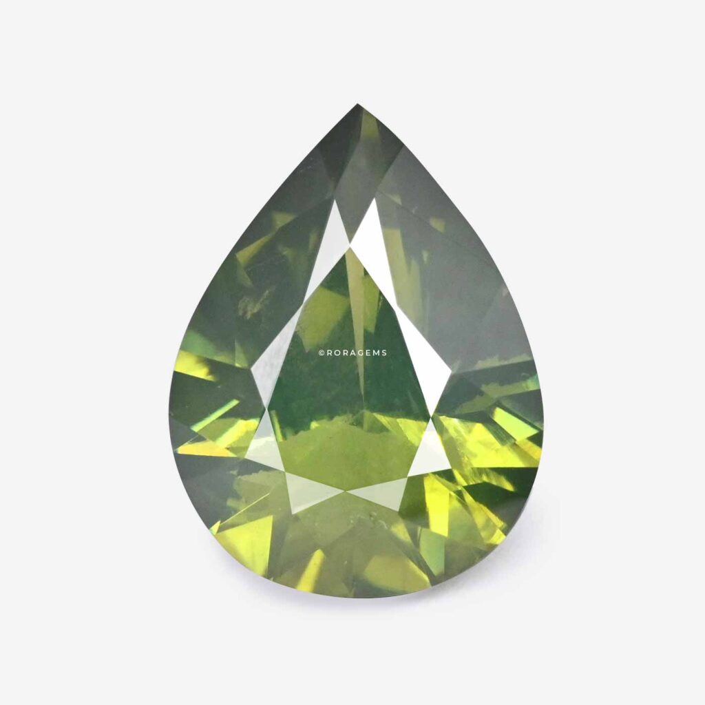 green zircon gemstone from borella colombo a beautiful pear shape drop shape, ideal for luxury pendant jewelry